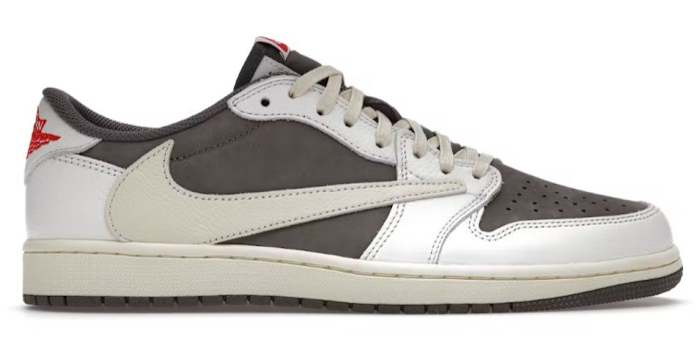 Side view of Travis Scott's brown and white Air Jordan sneaker.