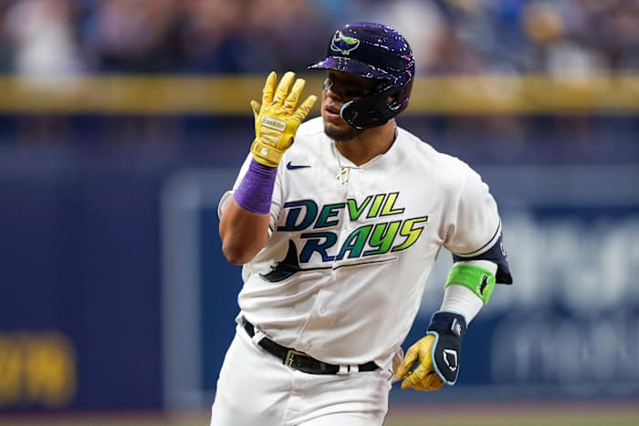 Jun 9, 2023; St. Petersburg, Florida, USA; Tampa Bay Rays third baseman Isaac Paredes (17) runs the bases after hitting a hits a three-run home run against the Texas Rangers in the third inning at Tropicana Field. Mandatory Credit: Nathan Ray Seebeck-USA TODAY Sports