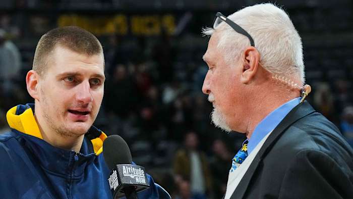 Former Razorback Scott Hastings interviewing Denver Nuggets' Nikola Jokic on Nuggets' television