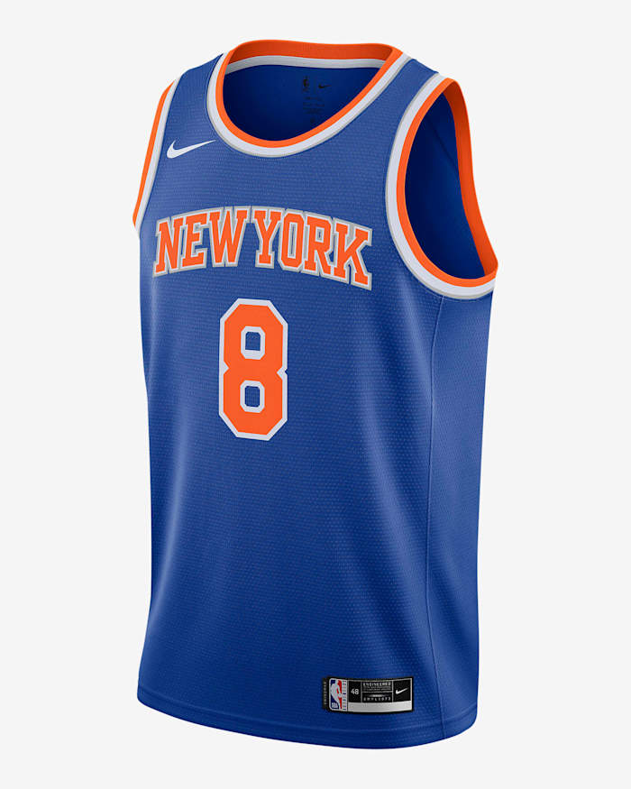 Blue and orange New York Knicks jersey.