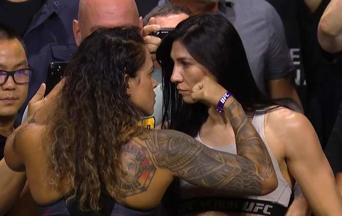 Amanda Nunes and Irene Aldana stare down ahead of their UFC Women's Bantamweight Championship fight at UFC 289.