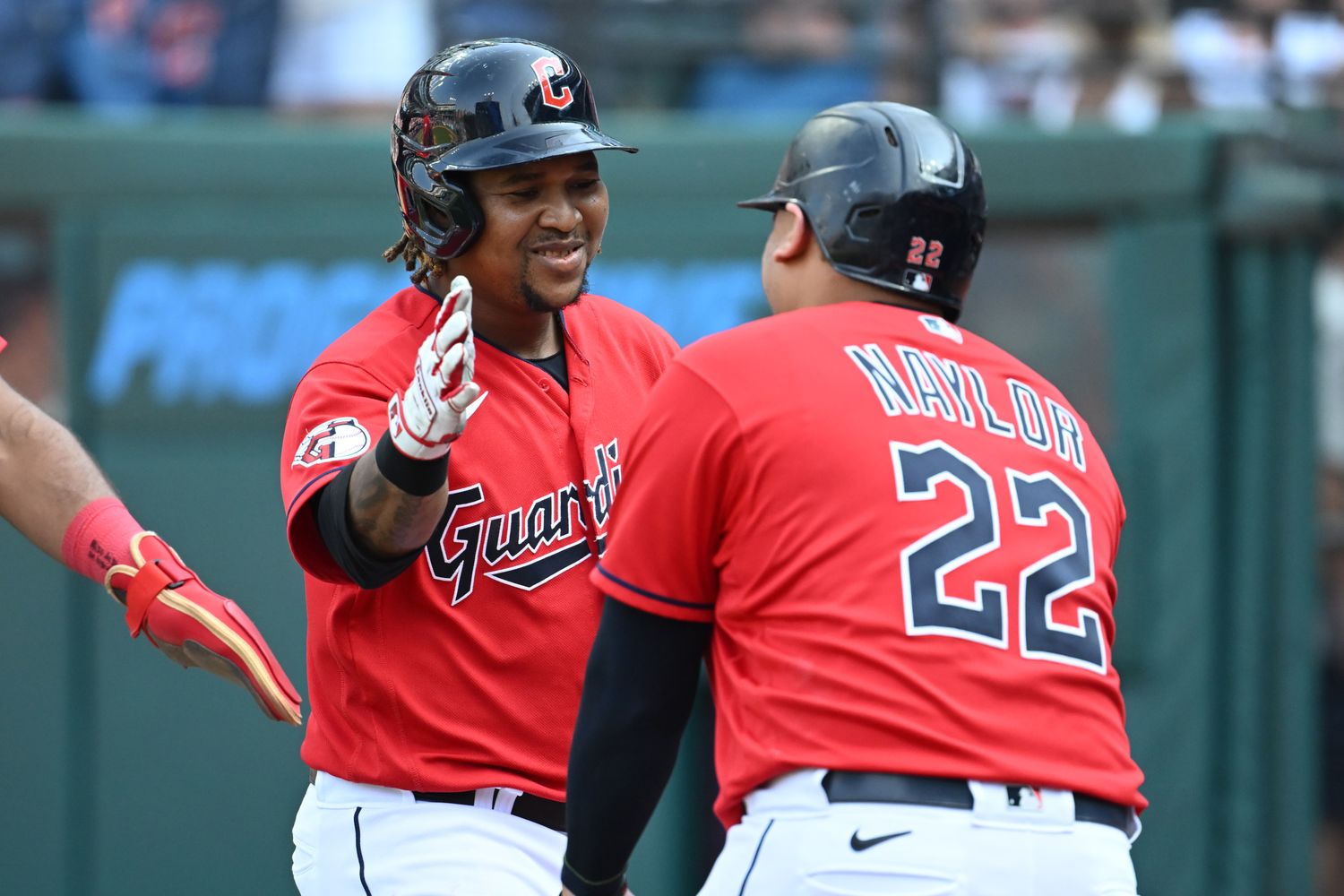 Sep 14, 2022; Cleveland, Ohio, USA; Cleveland Guardians third baseman Jose Ramirez (11) celebrates with first baseman Josh Naylor (22) after hitting a home run during the eighth inning against the Los Angeles Angels at Progressive Field. Mandatory Credit: Ken Blaze-USA TODAY Sports