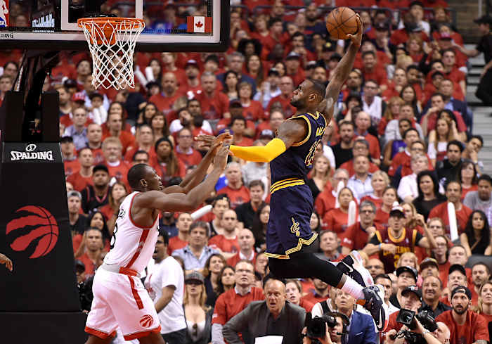 Cleveland Cavaliers forward LeBron James goes up to dunk.