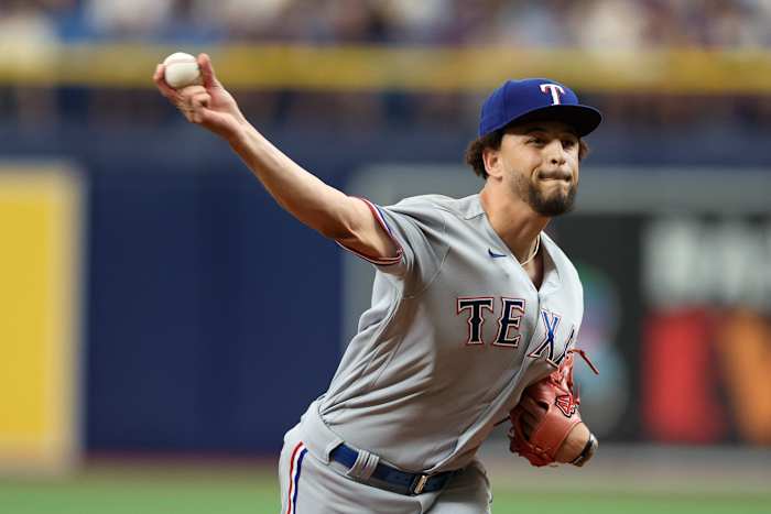 Jun 11, 2023; St. Petersburg, Florida, USA; Texas Rangers starting pitcher Yerry Rodriguez (57) throws a pitch against the Tampa Bay Rays in the eighth inning at Tropicana Field. Mandatory Credit: Nathan Ray Seebeck-USA TODAY Sports