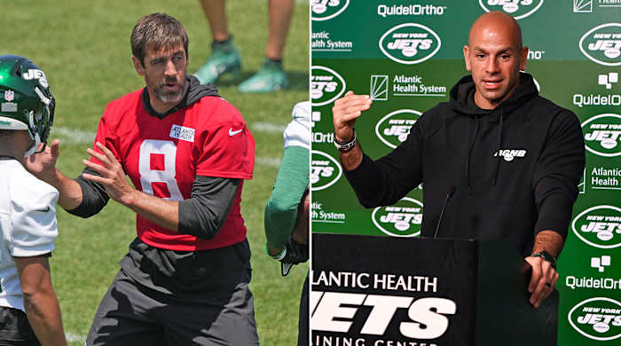 Separate photos of Aaron Rodgers in a red practice jersey and Robert Saleh at a podium with a Jets background