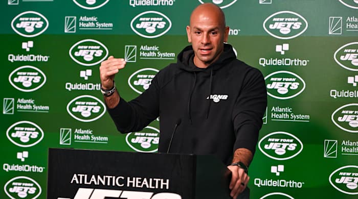 Jets coach Robert Saleh at a podium