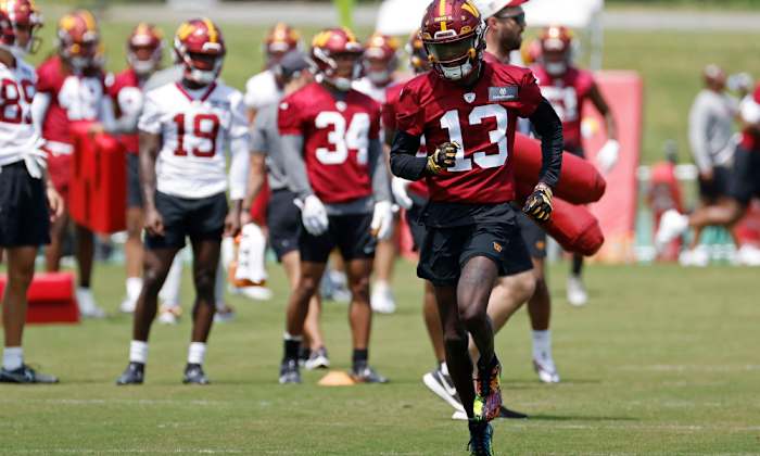 Washington Commanders rookie cornerback Emmanuel Forbes practicing during training camp.