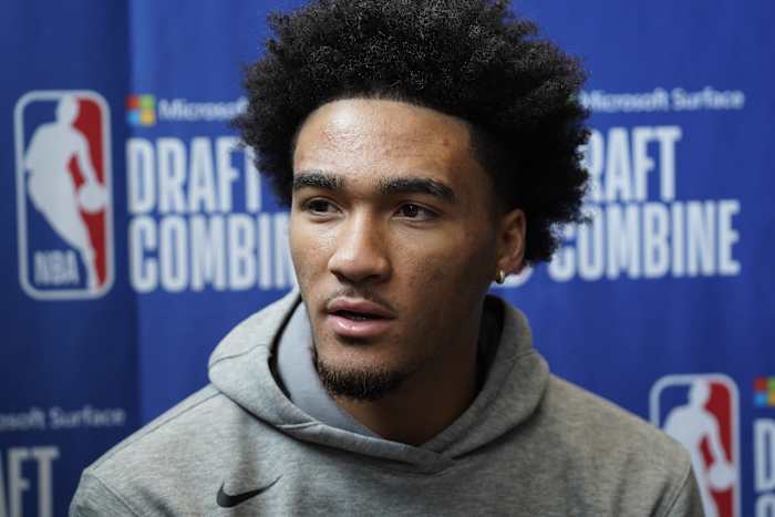 Jalen Hood-Schifino talks to the media during the 2023 NBA Draft Combine at Wintrust Arena.