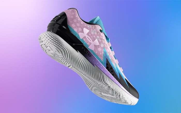 Side view of Stephen Curry's purple and teal Under Armour shoe.