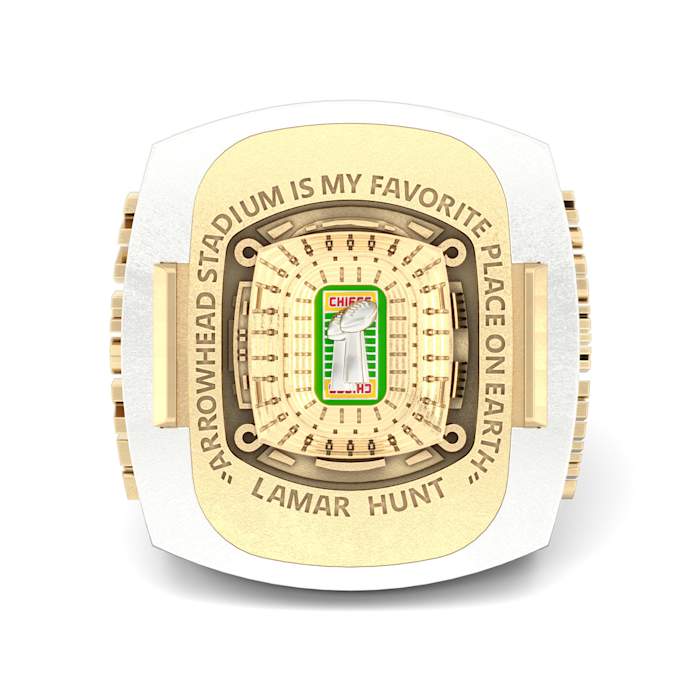 The Kansas City Chiefs Super Bowl LVII Ring is not only filled with unique details, but it also boasts an impressive stone count. With 609 round diamonds, 16 baguette diamonds, four marquise diamonds and 35 custom-cut genuine rubies totaling approximately 16.10 carats, this ring is fit for World Champions. Image and description courtesy of Jostens.