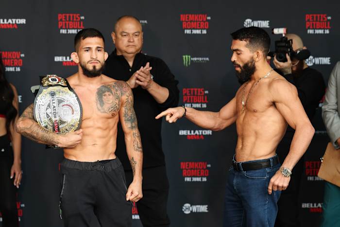 Bellator Bantamweight Champion Sergio Pettis and Patricio "Pitbull" Freire pose ahead of their Bellator 297 title fight inside the Wintrust Arena in Chicago, Illinois.