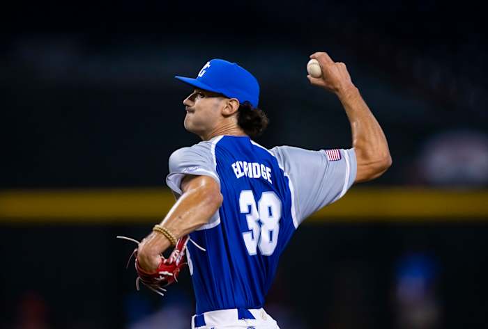 East pitcher Bryce Eldridge during the Perfect Game All-American Classic high school baseball game at Chase Field. (2022)