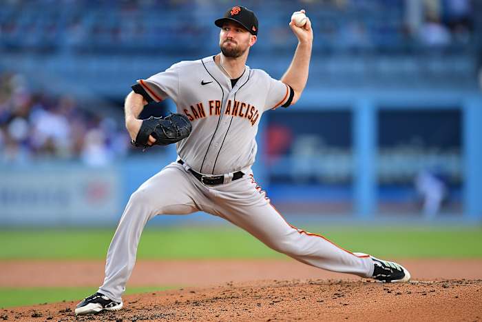 SF Giants starting pitcher Alex Wood throws against the Los Angeles Dodgers during the second inning at Dodger Stadium on June 17, 2023.