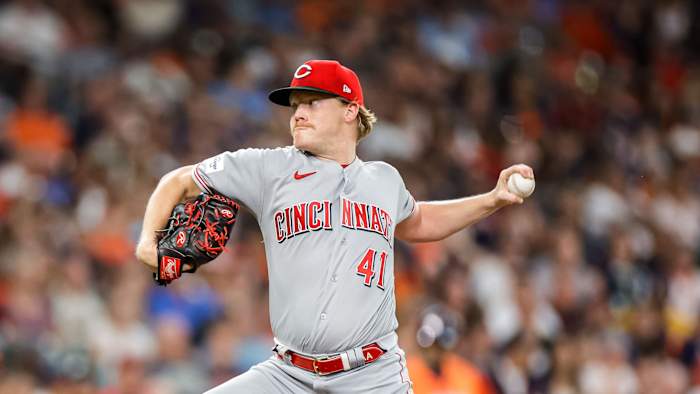 Andrew Abbott delivers a pitch during the Cincinnati Reds vs. Houston Astros MLB game at Minute Maid Park.