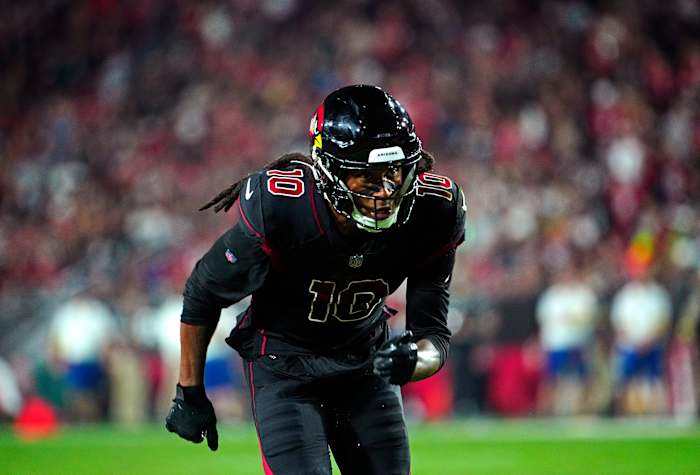 Cardinals DeAndre Hopkins (10) comes off the line against the Saints during a game at State Farm Stadium in Glendale on Oct. 20, 2022.