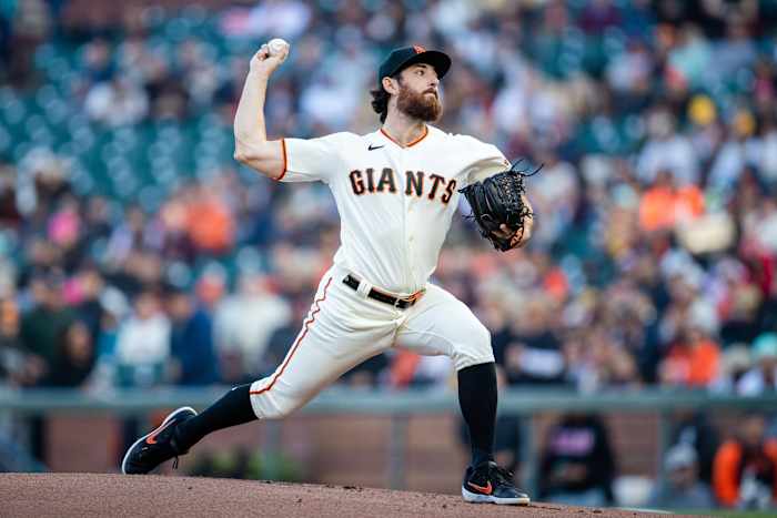SF Giants pitcher Ryan Walker throws against the San Diego Padres during the first inning at Oracle Park on June 19, 2023.