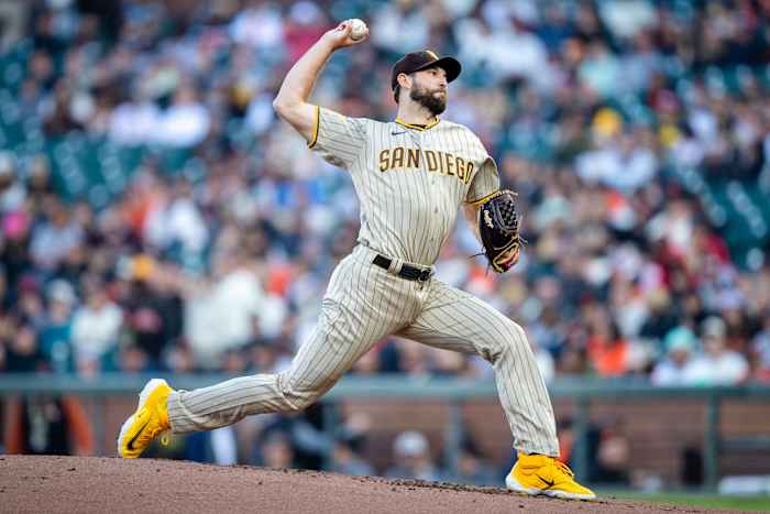 San Diego Padres starting pitcher Michael Wacha throws against the SF Giants during the first inning at Oracle Park on June 19, 2023.