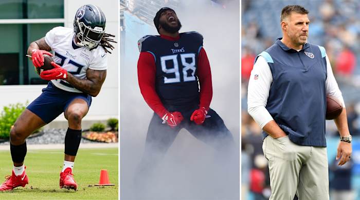 Derrick Henry leans to turn with the ball in his hand; Jeffery Simmons flexes his fist at his hips and yells in celebration, surrounded by smoke; Mike Vrabel stands with one football under his arm