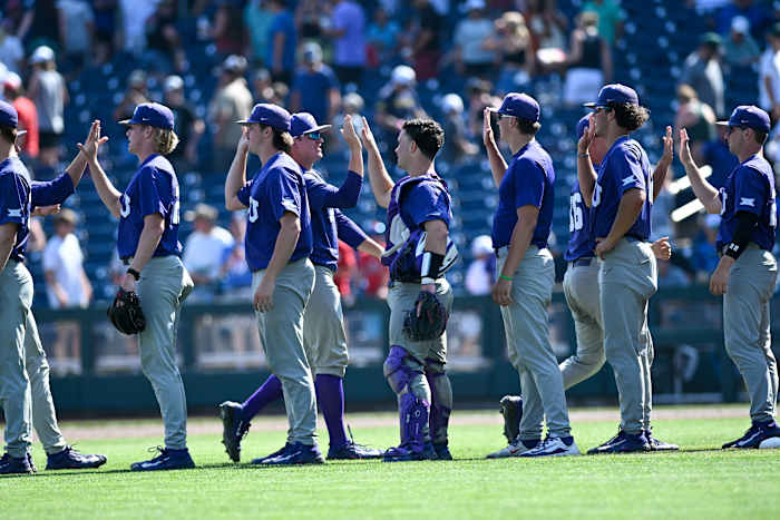 Jun 20, 2023; Omaha, NE, USA; The TCU Horned Frogs celebrate the win against the Oral Roberts Golden Eagles at Charles Schwab Field Omaha.
