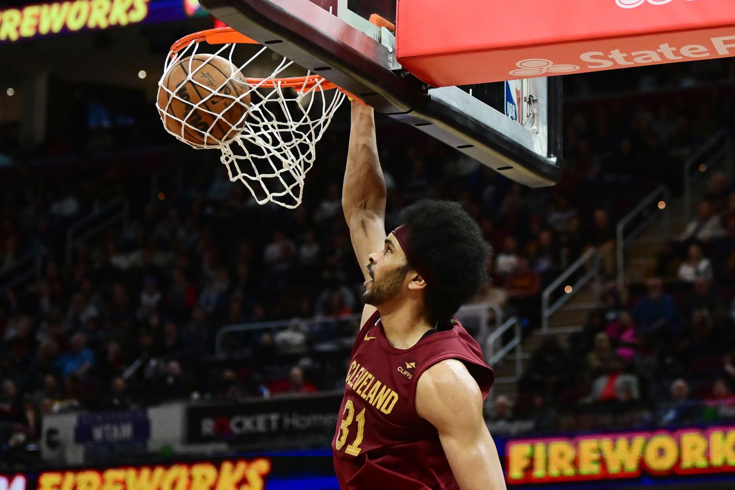 Mar 26, 2023; Cleveland, Ohio, USA; Cleveland Cavaliers center Jarrett Allen (31) dunks during the second half against the Houston Rockets at Rocket Mortgage FieldHouse. Mandatory Credit: Ken Blaze-USA TODAY Sports