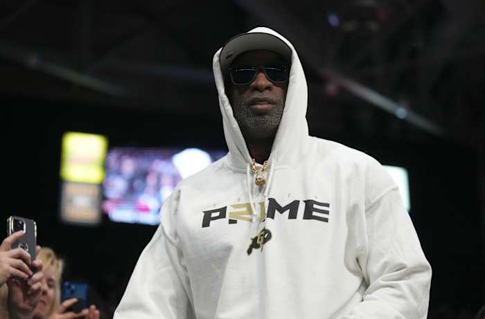 Colorado Buffaloes head coach Deion Sanders enters the Coors Events Center before the start of the second half against the Colorado State Rams.