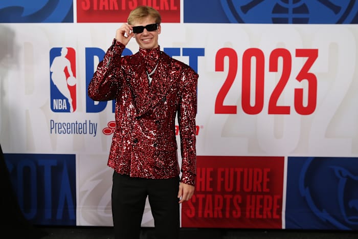 Gradey Dick (Kansas) arrives for the first round of the 2023 NBA Draft at Barclays Arena.