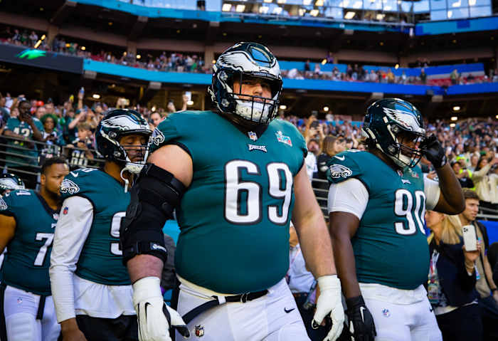 Landon Dickerson walks onto the field at Super Bowl LVII