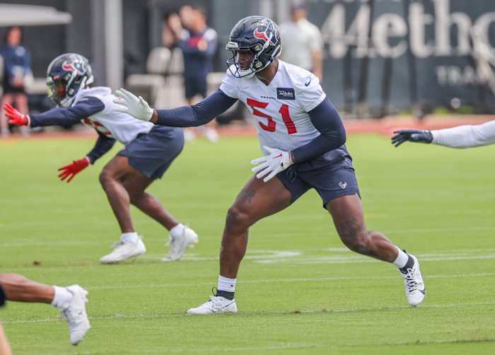 May 12, 2023; Houston, TX, USA; Houston Texans linebacker Will Anderson Jr. (51) participates in drills during rookie camp at the Methodist practice facility. Mandatory Credit: Thomas Shea-USA TODAY Sports