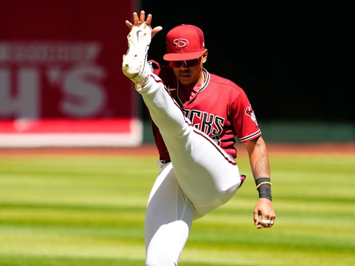 Arizona Diamondbacks infielder prospect Cristofer Torin does warm up exercises prior to an exhibition game against the Cleveland Guardians at Chase Field on March 28, 2023.