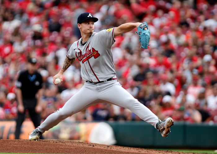 Jun 23, 2023; Cincinnati, Ohio, USA; Atlanta Braves starting pitcher AJ Smith-Shawver (62) throws a pitch against the Cincinnati Reds during the first inning at Great American Ball Park.
