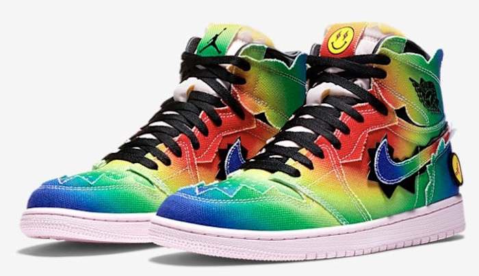 Side view of J Balvin's tie-dyed Air Jordan sneakers.