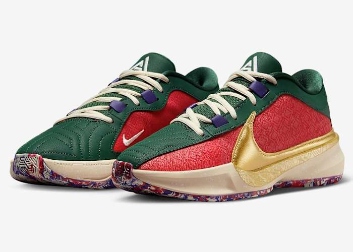 Side view of Giannis Antetokounmpo's green, red, and gold Nike shoes.