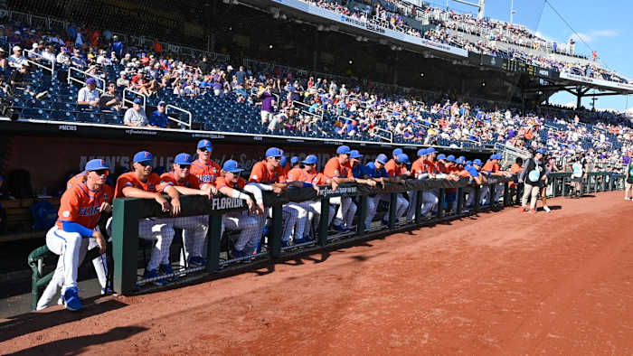 Florida Gators dugout in game three of MCWS