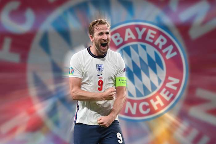 England captain Harry Kane pictured in front of Bayern Munich's club logo