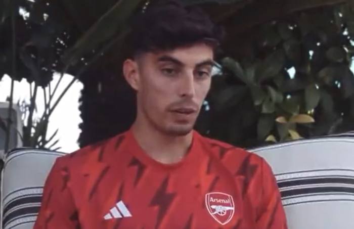 Kai Havertz pictured wearing Arsenal's training kit while giving an interview before the official announcement of his transfer from Chelsea in 2023