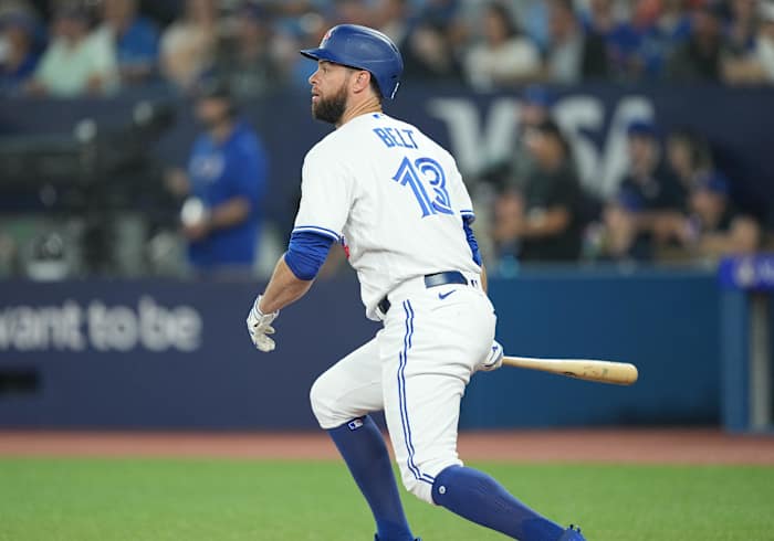 Brandon Belt doubles off Logan Webb