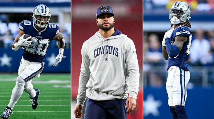 Tony Pollard runs with the ball; Dak Prescott stands in a hoodie; Ceedee Lamb stands looking over his shoulder with his hands hanging onto his neckline of his uniform