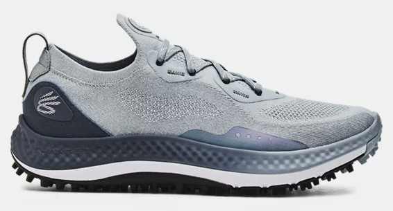 Side view of Stephen Curry's grey and navy golf shoe.