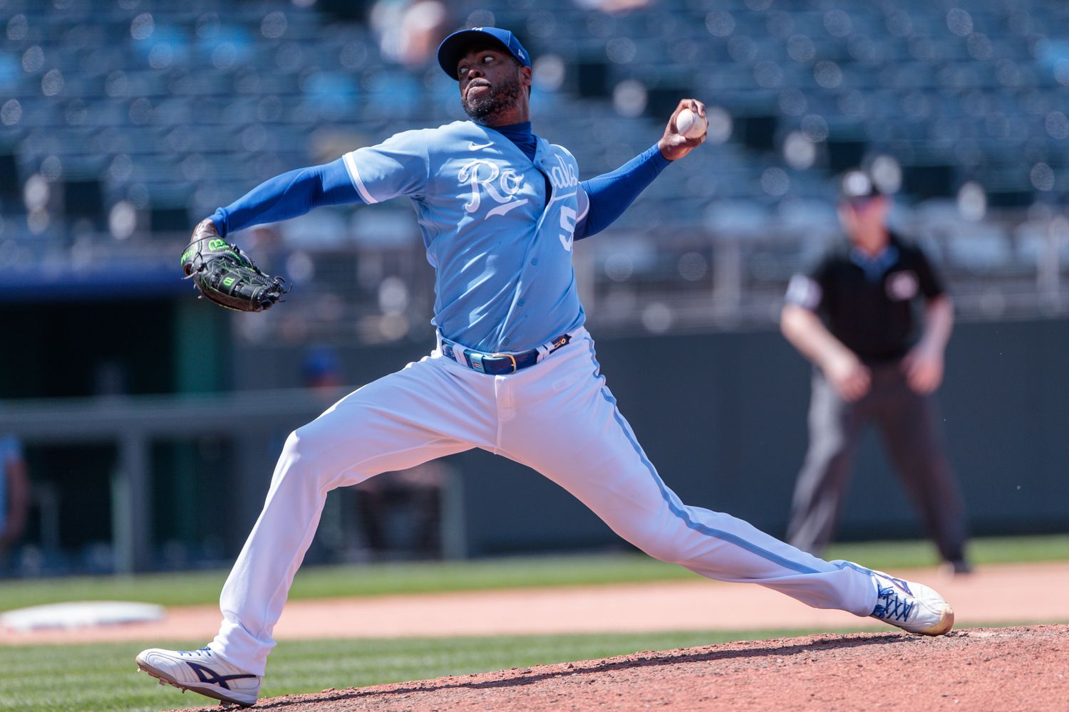 Jun 29, 2023; Kansas City, Missouri, USA; Kansas City Royals relief pitcher Aroldis Chapman (54) pitches during the tenth inning against the Cleveland Guardians at Kauffman Stadium. Mandatory Credit: William Purnell-USA TODAY Sports