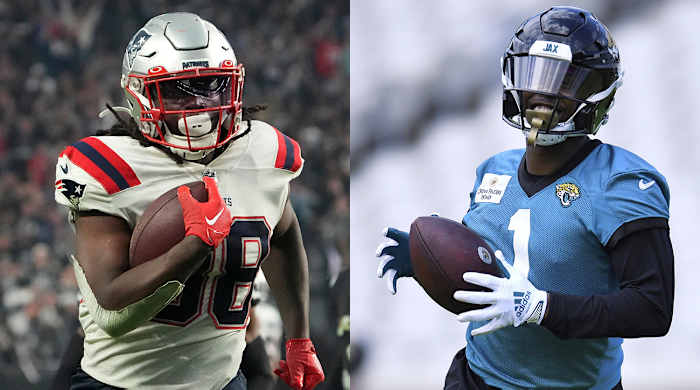 New England Patriots running back Rhamondre Stevenson and Jacksonville Jaguars running back Travis Etienne