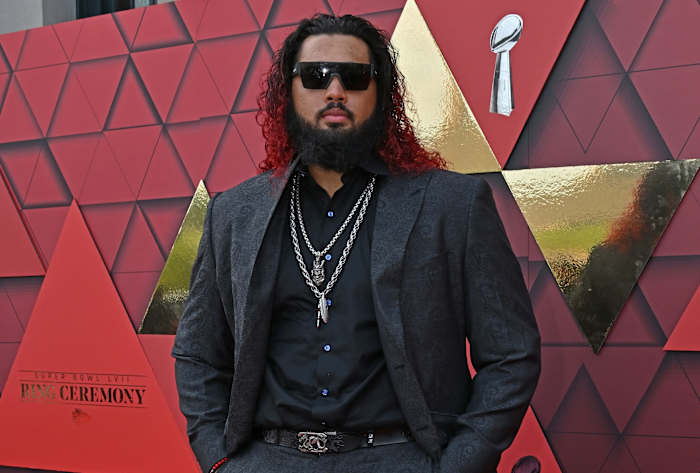 Jun 15, 2023; Kansas City, MO, USA; Kansas City Chiefs Darian Kinnard during the Kansas City Chiefs Super Bowl Red Carpet Ceremony at Union Station. Mandatory Credit: Peter Aiken-USA TODAY Sports