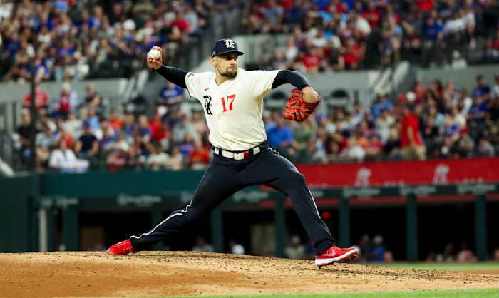 Jul 1, 2023; Arlington, Texas, USA; Texas Rangers starting pitcher Nathan Eovaldi (17) throws during the fourth inning against the Houston Astros at Globe Life Field. Mandatory Credit: Kevin Jairaj-USA TODAY Sports