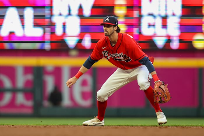 May 5, 2023; Atlanta, Georgia, USA; Atlanta Braves shortstop Braden Shewmake (24) in the field against the Baltimore Orioles in the second inning at Truist Park.