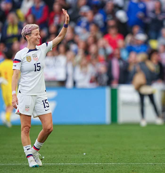 U.S. forward Megan Rapinoe waves to the crowd during the SheBelieves Cup.