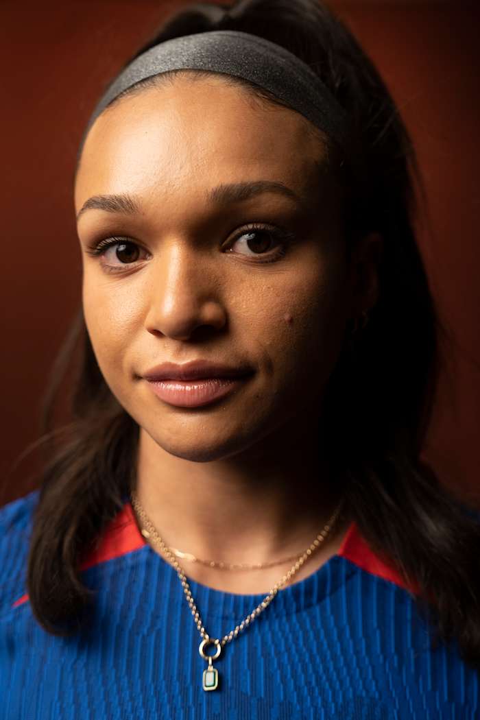 Closeup portrait of US women's national team forward Sophia Smith posing during a photo shoot at the Fairmont Hotel.