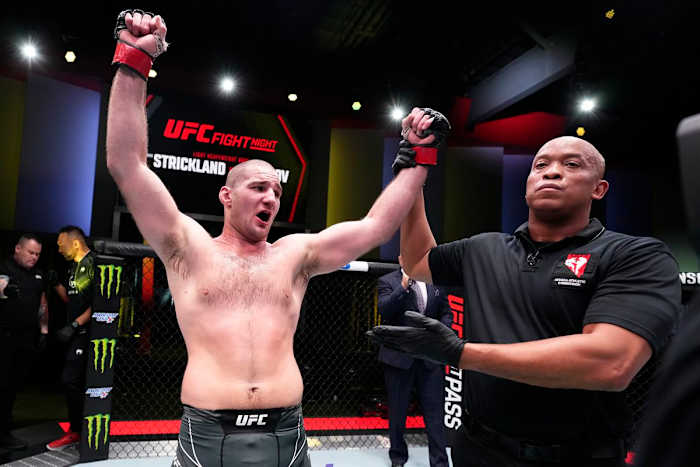 Sean Strickland emerges victorious during a UFC Fight Night event in Las Vegas.