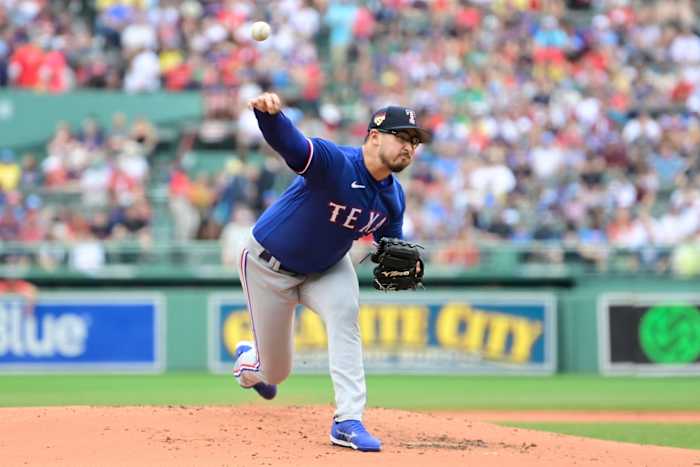 Jul 4, 2023; Boston, Massachusetts, USA; Texas Rangers starting pitcher Dane Dunning (33) pitches against the Boston Red Sox during the first inning at Fenway Park. Mandatory Credit: Eric Canha-USA TODAY Sports
