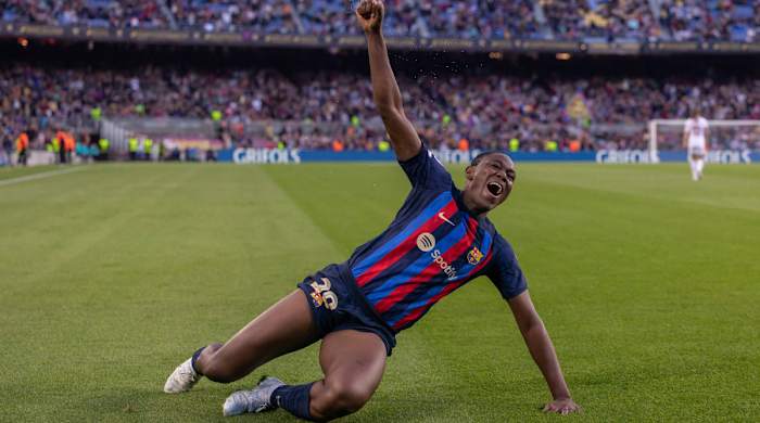 Asisat Oshoala of FC Barcelona celebrates during the UEFA Women's Champions League match against AS Roma.