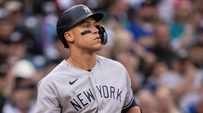 Yankees outfielder Aaron Judge reacts after striking out.
