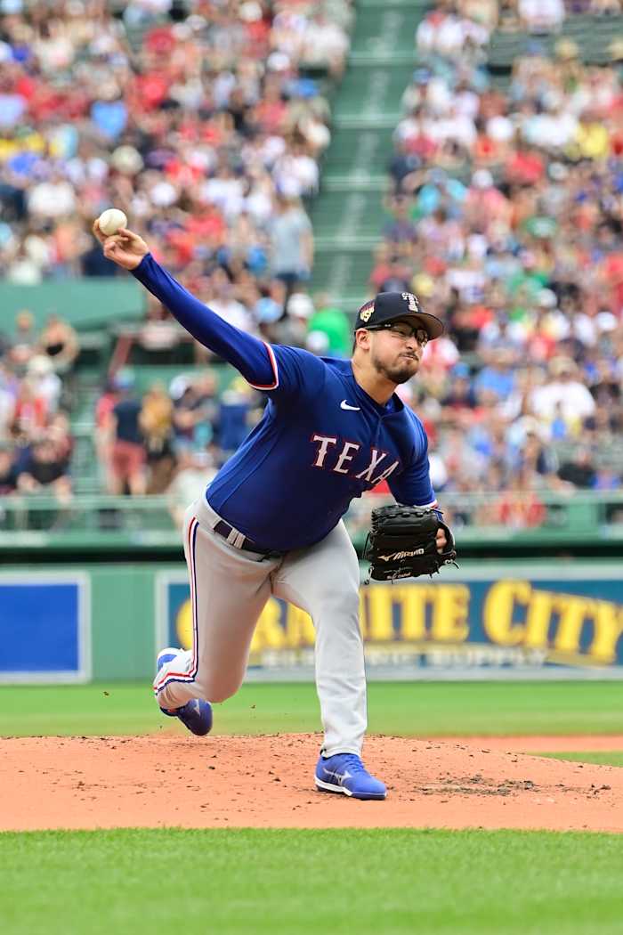 Jul 4, 2023; Boston, Massachusetts, USA; Texas Rangers starting pitcher Dane Dunning (33) pitches against the Boston Red Sox during the first inning at Fenway Park. Mandatory Credit: Eric Canha-USA TODAY Sports